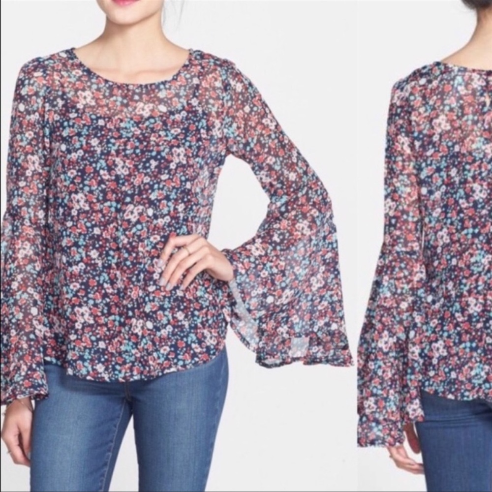 MIMI CHICA Floral Bell Sleeve Black Tunic L